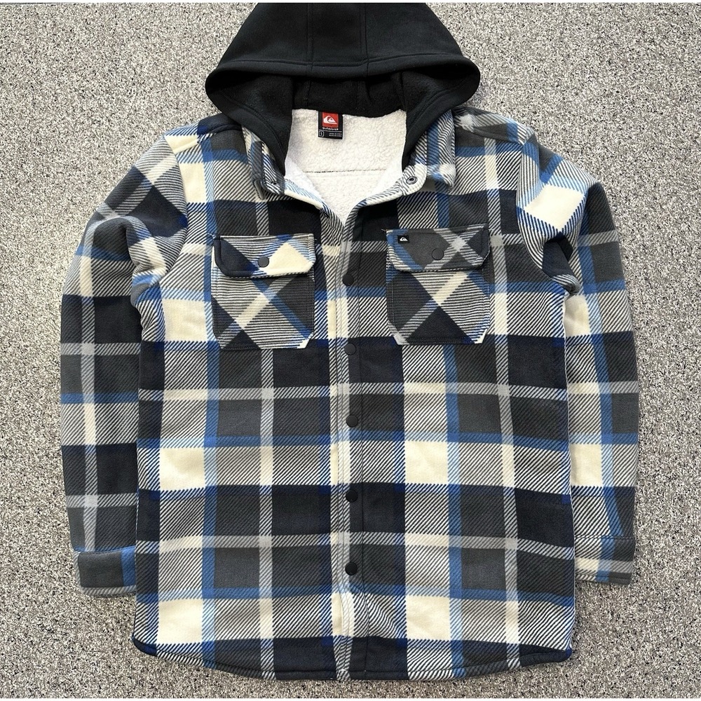 Quiksilver Sherpa Lined Flannel Shirt Jacket Shacket Mens S Plaid Hooded